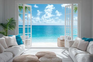 A bright living room featuring white furniture and an open window with a view of the ocean.