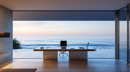 A sleek modern office featuring large windows with a panoramic view of the ocean.