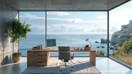 Office space featuring large windows with a panoramic view of the ocean and blue sky.
