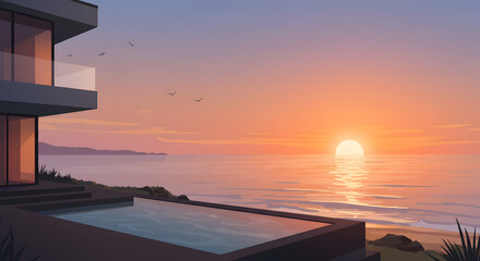 A house with a pool at sunset, overlooking the ocean, with vibrant colors reflecting on the water.