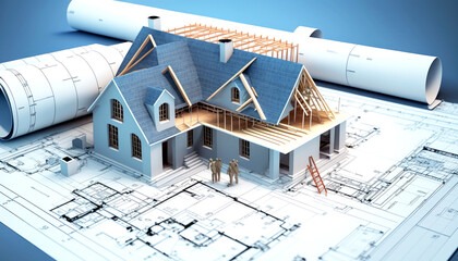 3D rendering of a house alongside blueprints and rolled construction plans on a flat surface.